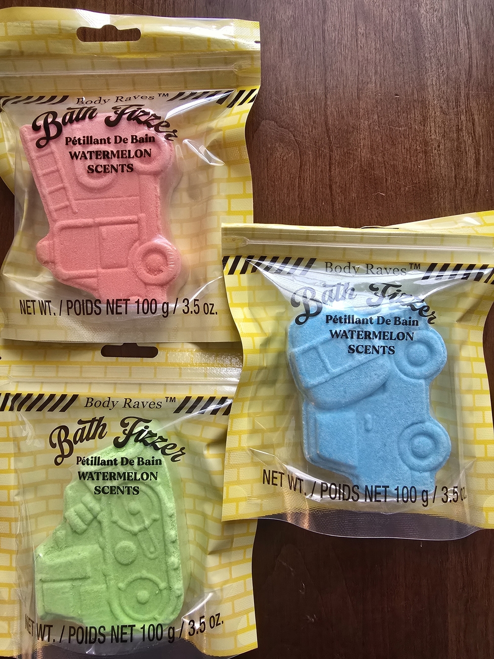 Body Raves Bath Fizzers Watermelon Scents - cement truck, firetruck & bulldozer!